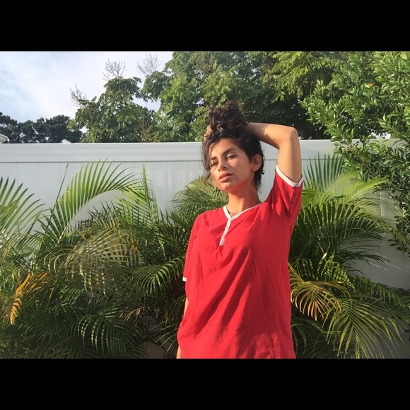 AMERICAN APPAREL RED & WHITE BUTTON UP basic Tee - Picture 1 of 5